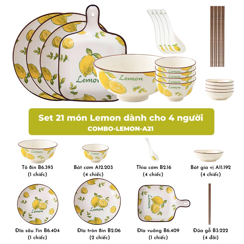 Bát đĩa - Các set bát đĩa họa tiết lemon xinh xắn sang trọng - dành cho gia đình 2-4-6 người