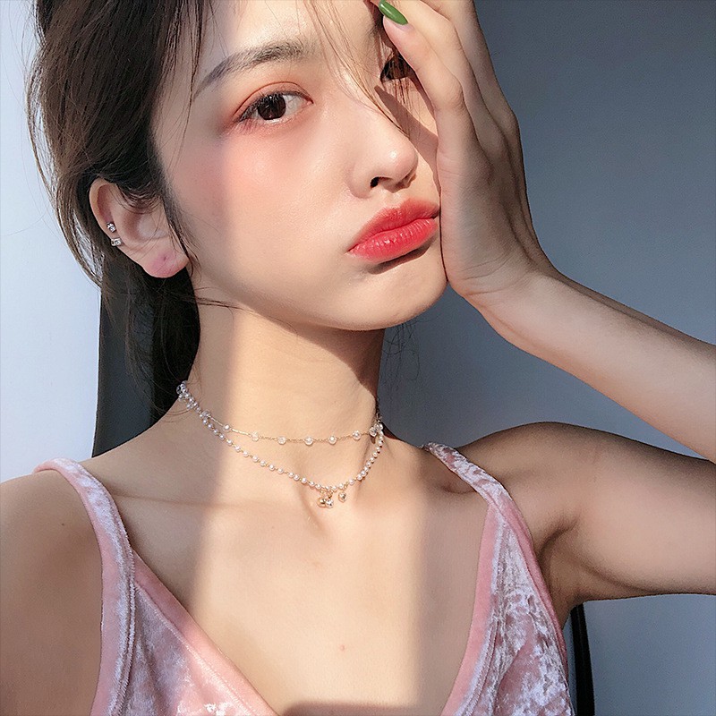 Vòng cổ chocker TOBI STORE chuỗi hạt pha lê và ngọc trai nhân tạo ấp lánh 02 tầng TB267