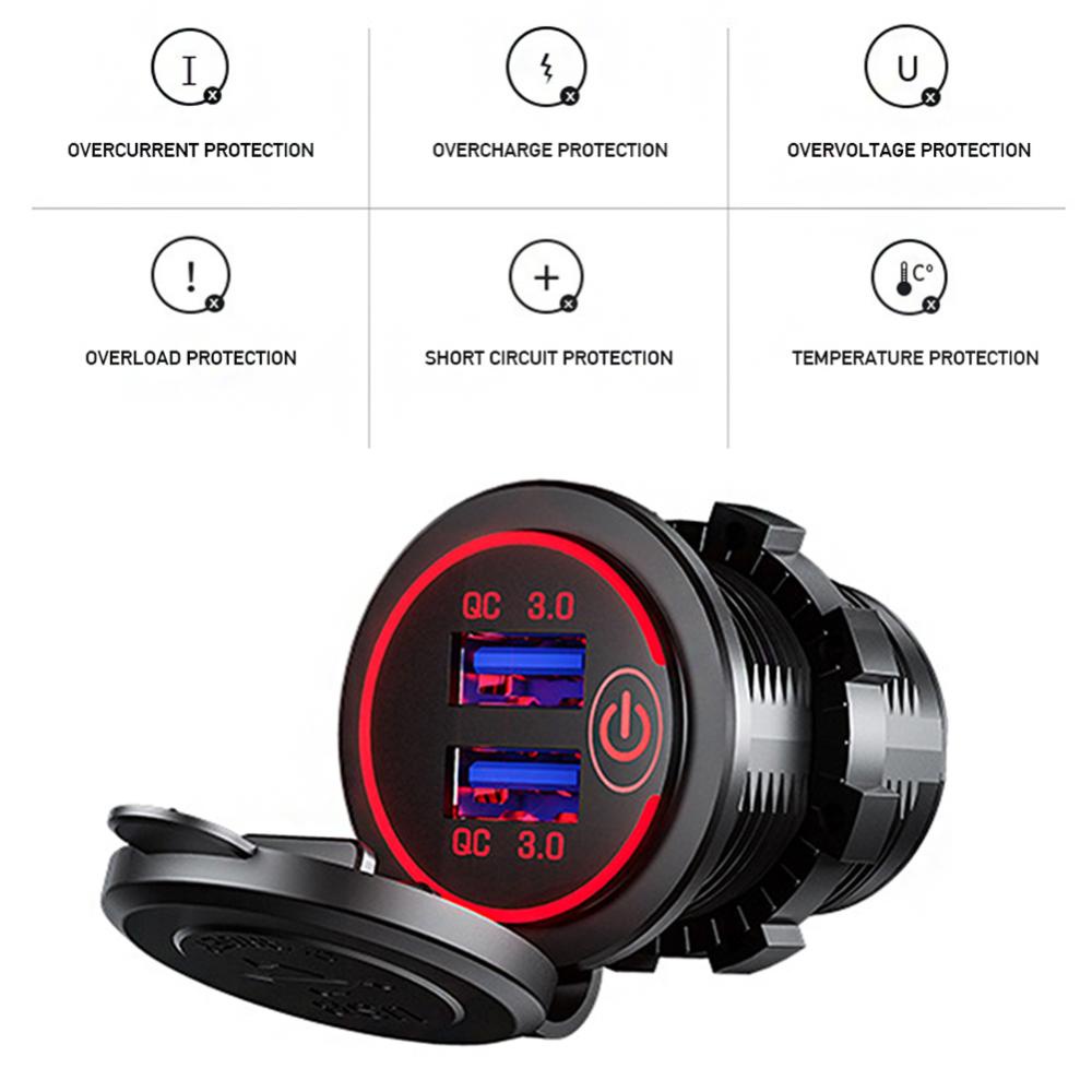 Cốc Sạc Nhanh QC3.0 2 Cổng USB 12V/24V Sang 5V Chống Nước Có Công Tắc Cảm Ứng Cho Xe Hơi F5X2