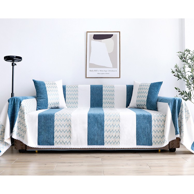 [CÓ SẴN] Chăn thảm phủ ghế sofa phong cách Bắc Âu/BOHEMIAN ZICZAC TRẮNG XANH