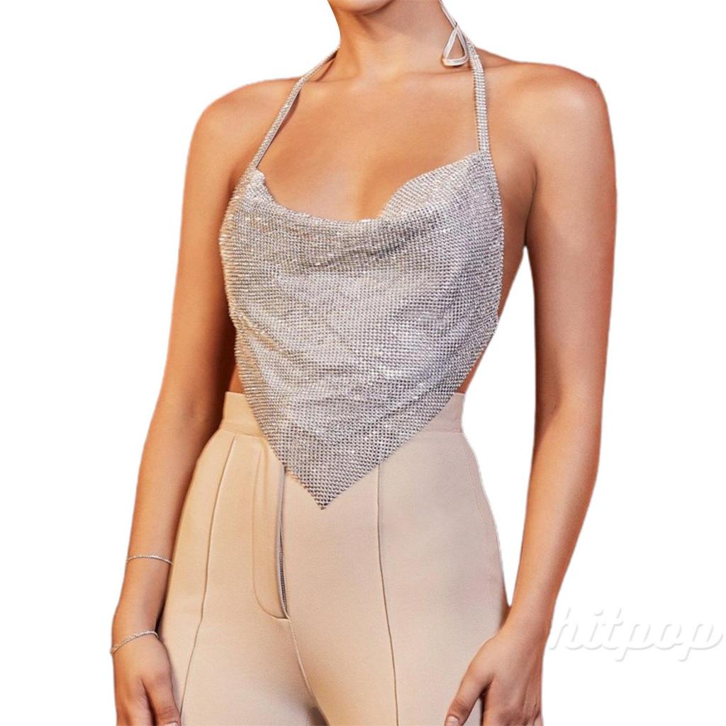 Áo Croptop Không Tay Hở Lưng Đính Đá Lấp Lánh Dành Cho Nữ