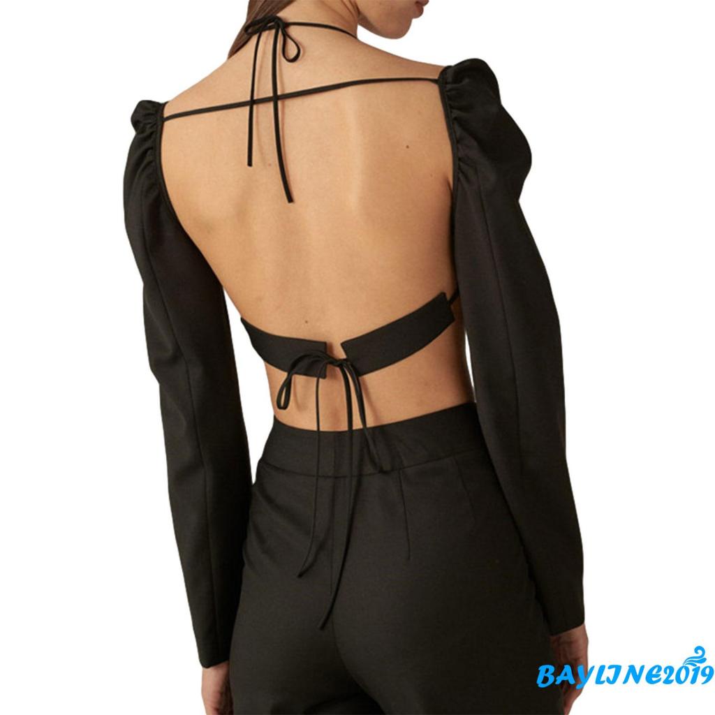 Áo Thun Tay Dài Cổ Chữ V Cột Dây Hở Lưng Màu Trơn Thời Trang Cho Nữ