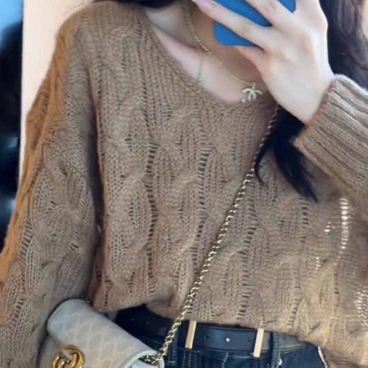 ZHELIHANGFEI Áo Len Tay Dài Cổ Chữ V Form Rộng Dễ Phối Đồ