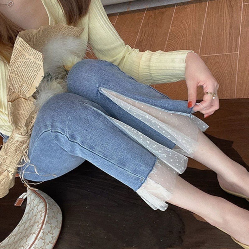 Korean Version of the Jeans Pants Simple Fashion Slightly Flared Jeans High Waist Slimming Patchwork Cropped Slit Pants Tide