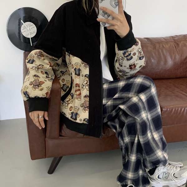 Áo Khoác Bóng Chày Dáng Rộng Dài Vừa Thêu Hình Gấu jacquard Kiểu Hàn Quốc Thời Trang Xuân Thu Cho Nữ