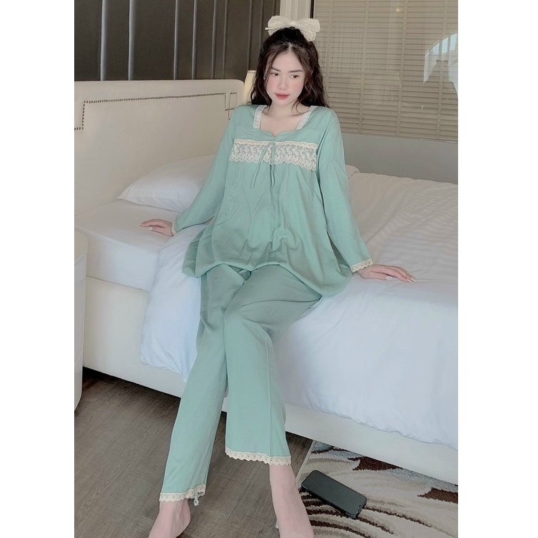 bộ bồ bầu dài tay cổ bèo họa tiết xinh có khóa ngực mặc bầu và cho con bú