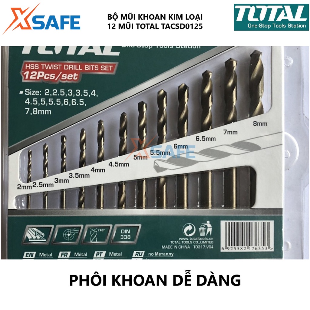 Bộ mũi khoan kim loại HSS 12 chi tiết TOTAL TACSD0125, dao phay ngón chất liệu thép HSS, khả năng chống mòn cao - xsafe