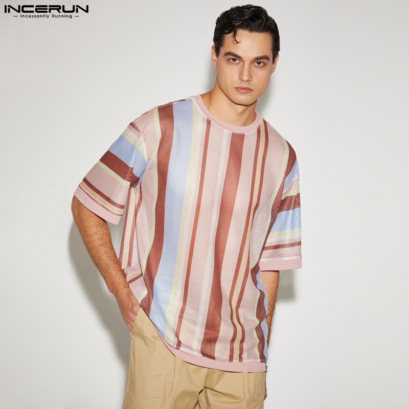 Áo thun INCERUN tay ngắn họa tiết sọc lưới nhiều màu sắc thoải mái cho nam