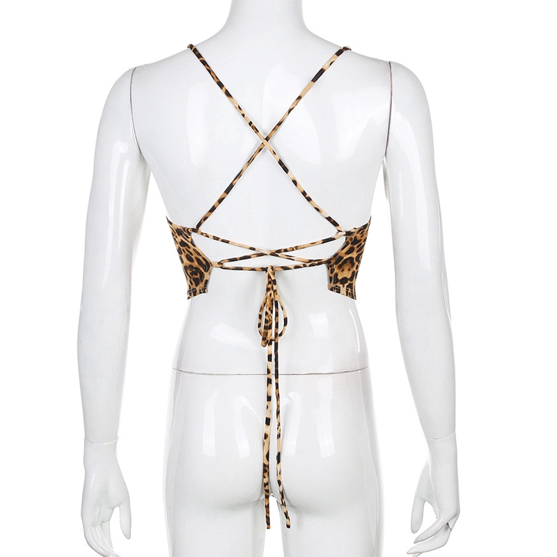 DUNEA Leopard Print Sexy Backless Cross Straps Tank Top sexy Slim Fit Halter Camisole