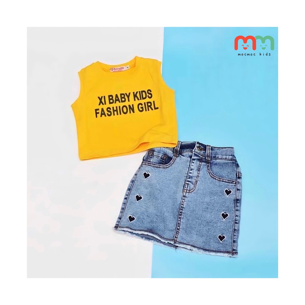 Set đồ bé gái dễ thương cá tính áo croptop 3 lỗ phối váy jeans có chip trong cho bé 13kg đến 43kg