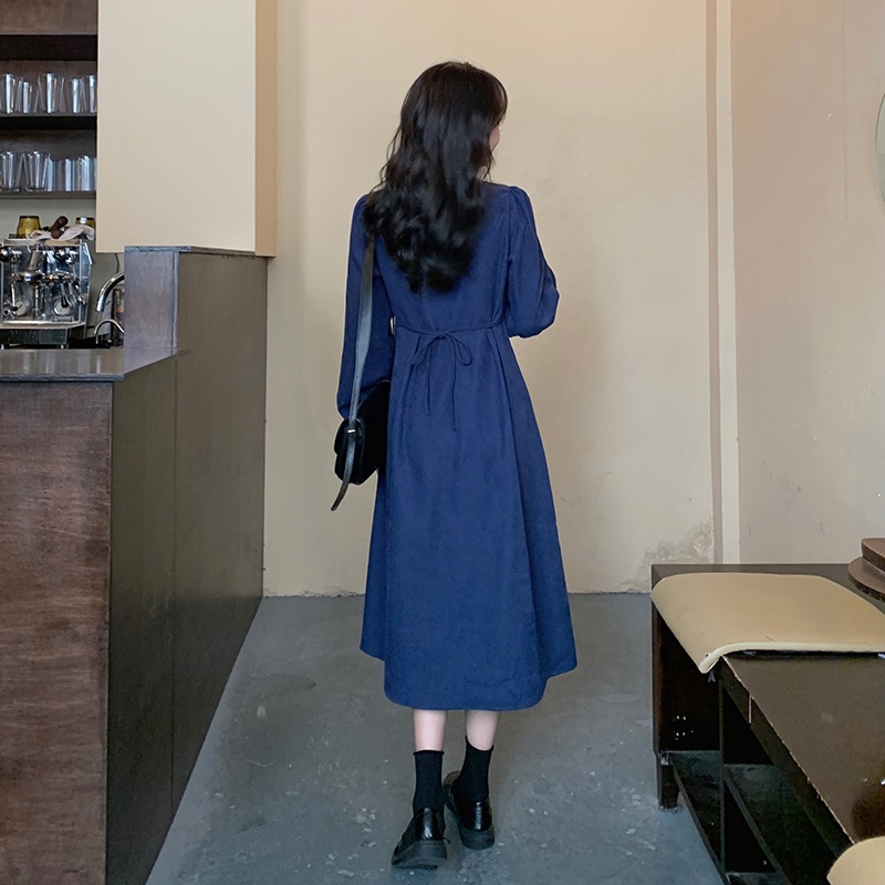 Đầm Nhung Kẻ Cổ Vuông Dáng Ôm Phong Cách Retro Thời Trang Hàn Quốc Cho Nữ