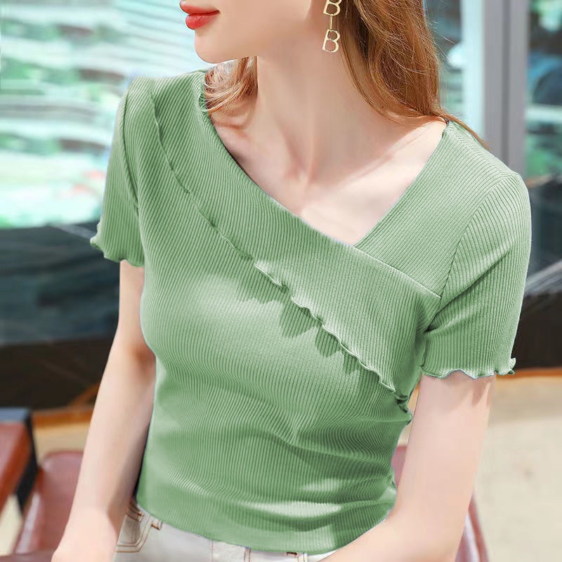 Áo Thun Lụa Ngắn Tay Cổ Chữ v Thời Trang Mùa Hè Cho Nữ