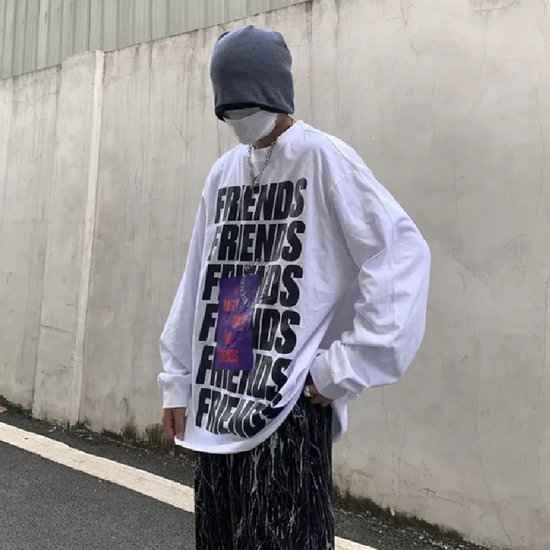 Áo thun tay dài dáng rộng in chữ phong cách Hàn Quốc thời trang cho nam size M-5XL