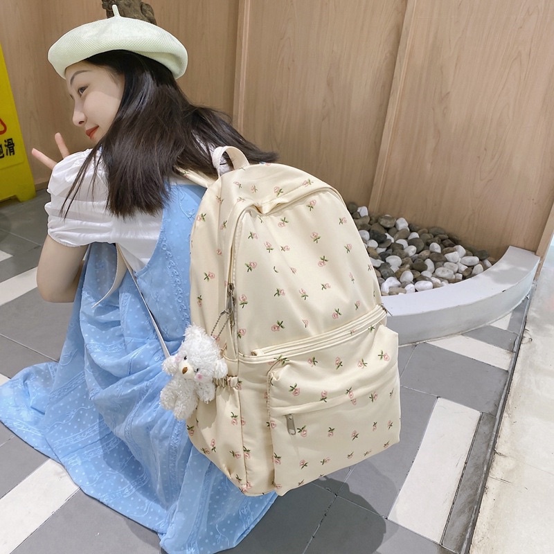 Ba lô nữ trắng be ulzzang điểm hoa nhí xinh xắn dễ thương phong cách teen hàn quốc balo cặp sách học sinh