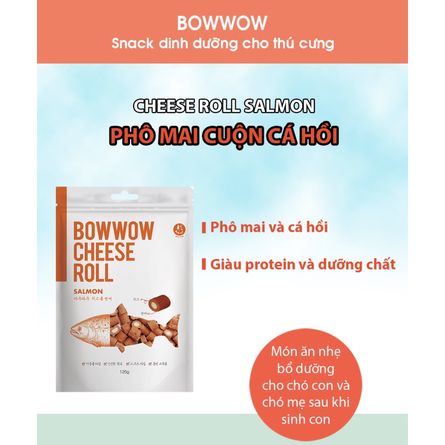 Snack cho chó mèo phô mai cuộn cá hồi Bow wow cheese roll 120g, thức ăn cho chó mèo vặt huấn luyện cún Con Mèo Xiêm