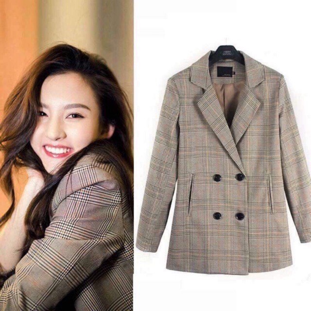 Áo khoác kẻ túi dọc ulzzang kẻ nâu kim tuyến Áo vest blazer 2 lớp công sở | BigBuy360 - bigbuy360.vn