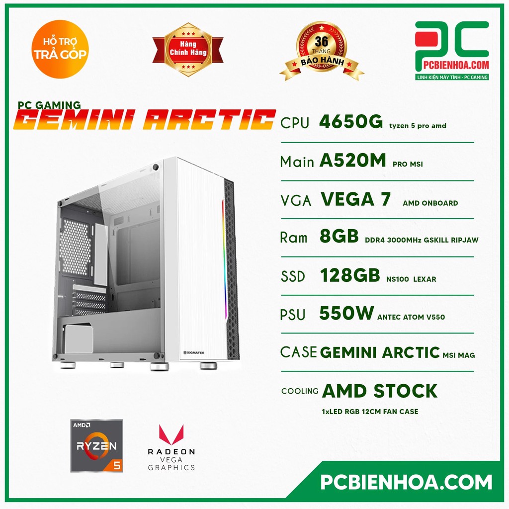 BỘ MÁY TÍNH AMD GEMINI ARCTIC ( RYZEN 5 4650G / A520 / 8GB / 128GB / 550W ) CHÍNH HÃNG