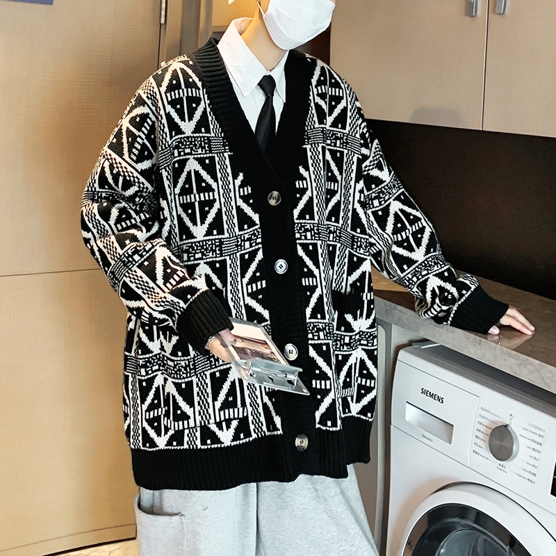 ✦ AFFLIGA ✦Áo khoác cardigan dệt kim dáng rộng màu đen kẻ sọc phong cách Hàn Quốc đơn giản retro cho nam