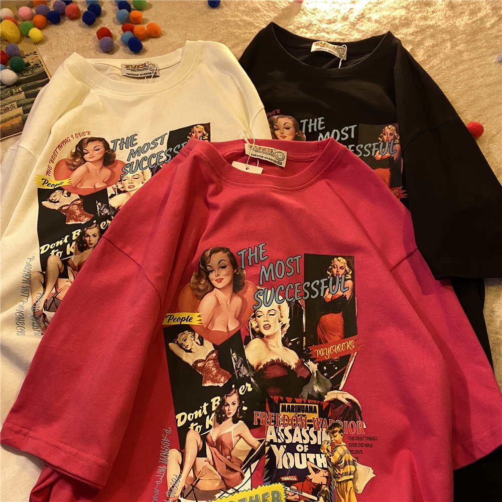 Áo Thun Tay Lỡ Cổ Tròn In Hình Áp Phích Monroe Cá Tính 190693Áo Thun Ngắn Tay Phong Cách Hiphop Thời Trang Hàn Quốc Cho Nam Nữ