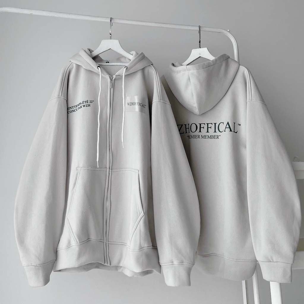 Áo khoác hoodie zip WZS OFFICAL TEM NHỰA vải nỉ lót bông form rộng unisex nam nữ màu xám trắng