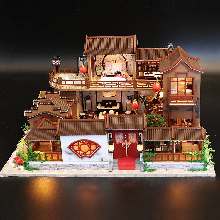 Mô hình nhà DIY Doll House A Splendid Family Kèm Mica Chống bụi, Bộ dụng cụ, Keo dán và Bộ phát nhạc