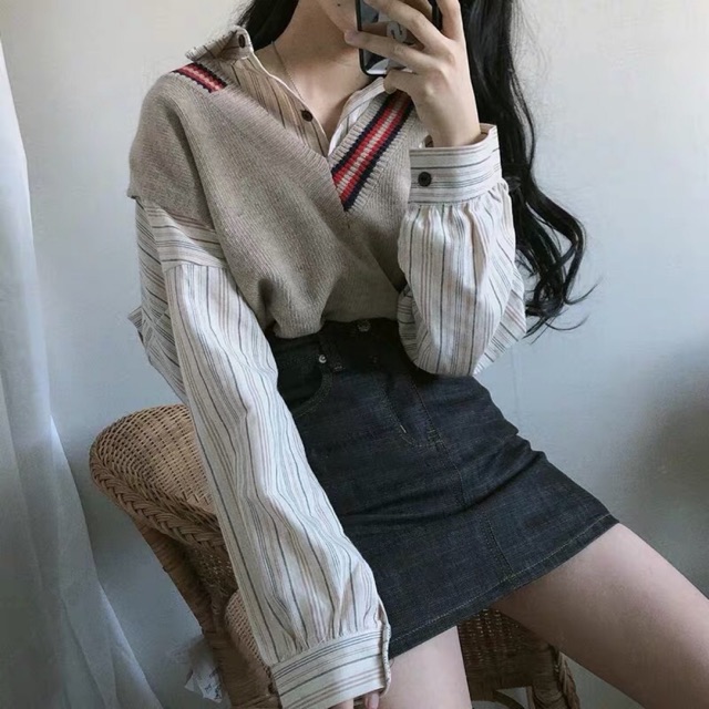 (SIÊU HOT) ÁO GILE KIỂU KẾT HỢP VỚI SƠMI KẺ DỌC VINTAGE