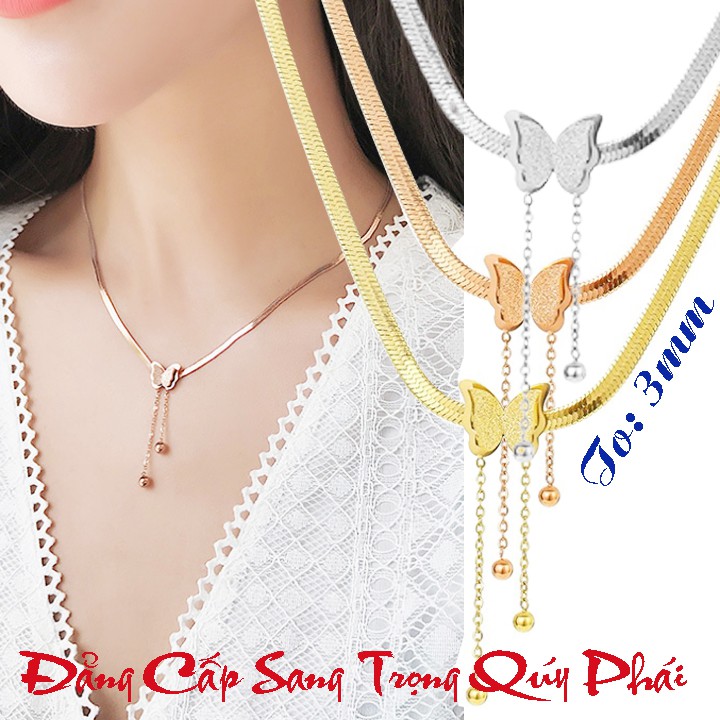 Dây chuyền nữ kiểu mì dẹp titan có mặt Hồ Điệp rớt bi cách điệu siêu đẹp, bền màu, hợp thời trang, dễ phối đồ