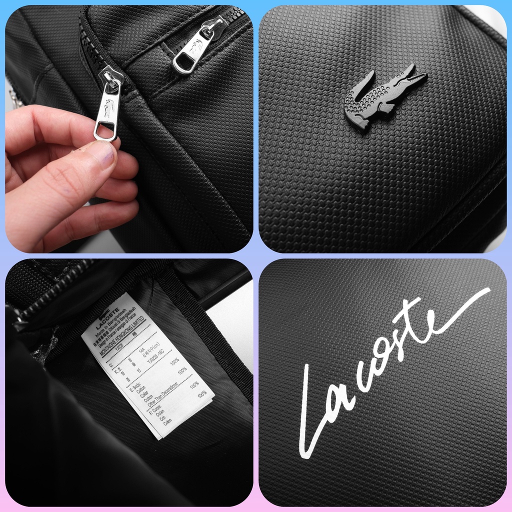 Balo thời trang đi học Lacoste màu đen da si sần chống nước, chuẩn hãng