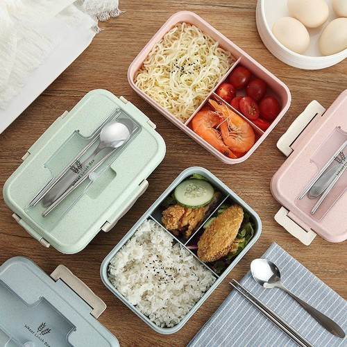 Hộp Cơm Văn Phòng Lúa Mạch Có Quai Sách Tặng Kèm Đũa , Thìa Inox, có nắp ngăn cách nhiệt , Tiện Dụng