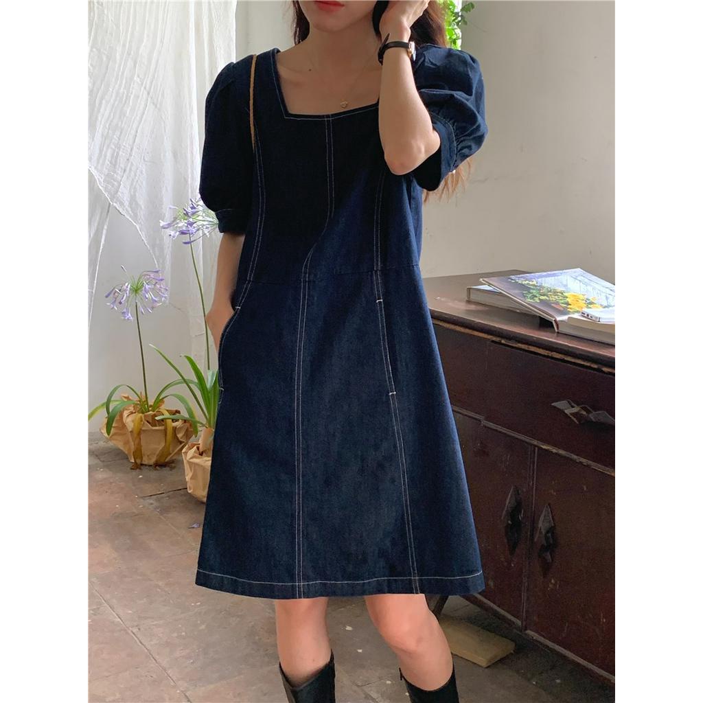 Đầm Denim Chữ A Cổ Vuông Ngắn Tay Dáng Rộng Thời Trang Hàn Quốc 53100