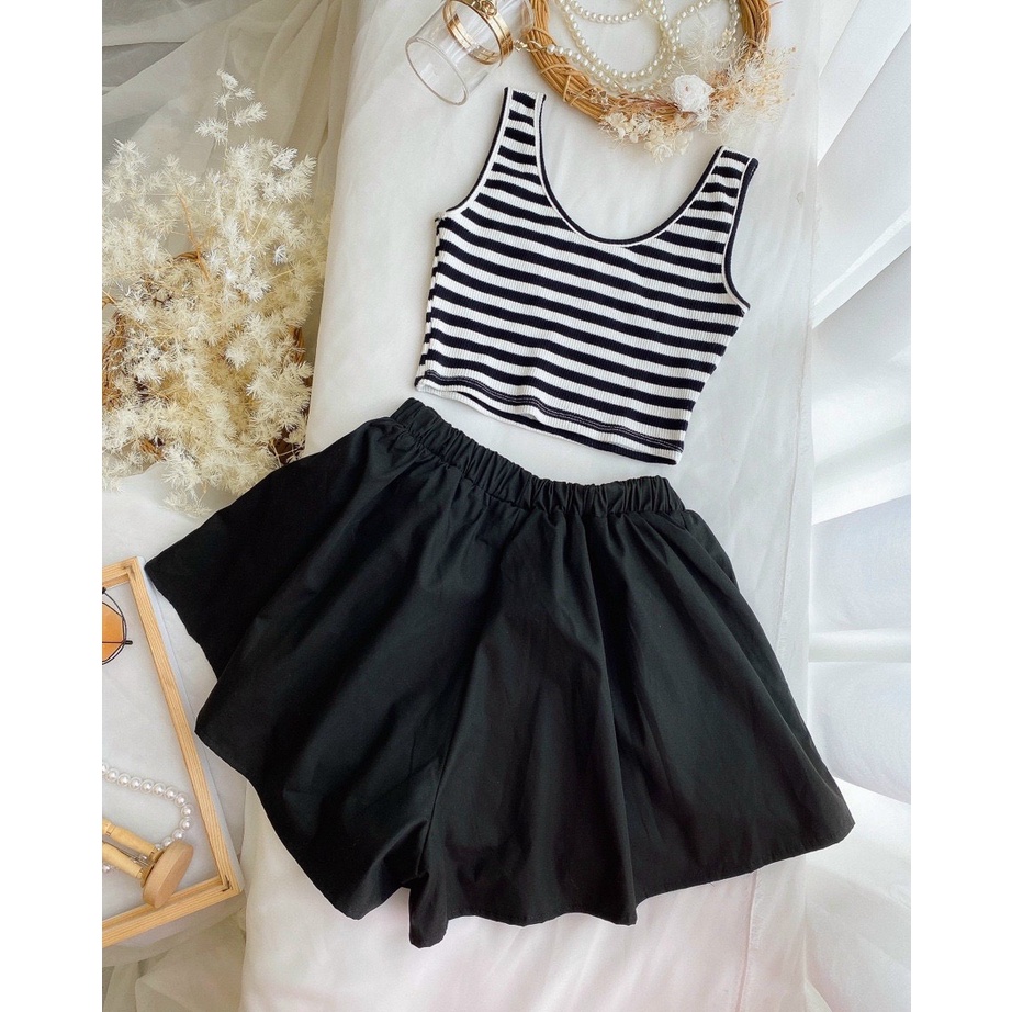 set ba lỗ sọc ngang mix quần short xòe k