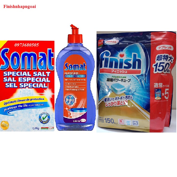 Bộ 3 sản phẩm viên rửa bát finish 150 viên + muối rửa bát 1,2 kg Somat + nuớc làm bóng Somat