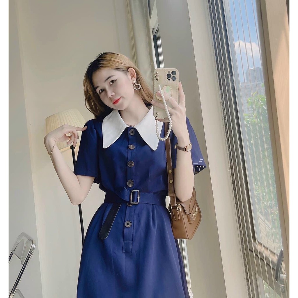 Đầm midi tay ngắn, váy midi dài xanh cổ peter trắng phối nịt siêu xinh đi chơi đi du lịch hẹn hò đều xinh Tây Thi Shop | BigBuy360 - bigbuy360.vn