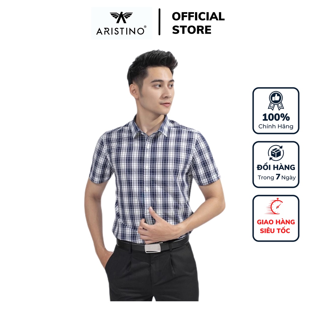 Áo sơ mi công sở nam ngắn tay Aristino màu trắng caro xanh lá dáng slim fit tà lượn vải sợi treASS003S9