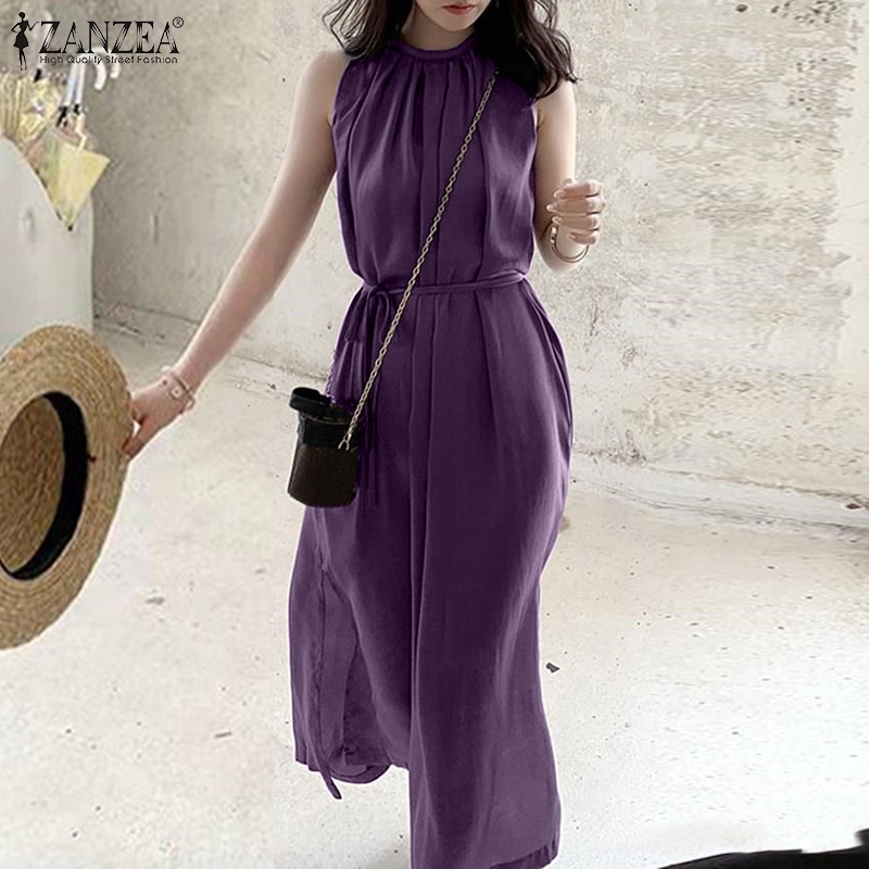 Đầm maxi ZANZEA cổ tròn không tay thiết kế xẻ tà eo cao phong cách vintage thời trang dành cho nữ