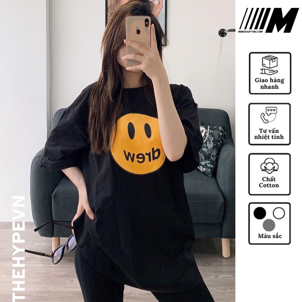 Áo thun Drew mặt cười nam nữ unisex chất tici co dãn 2 chiều dáng rộng tay lỡ thoải mái