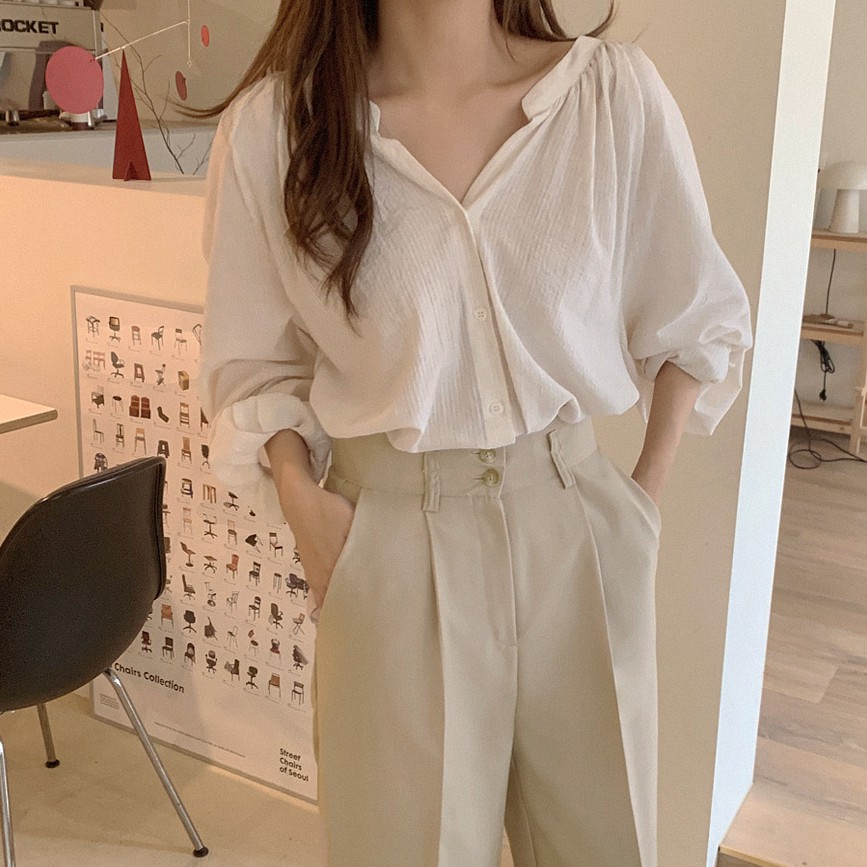 Áo sơ mi tay dài cổ chữ V dáng rộng màu trơn thời trang 40782