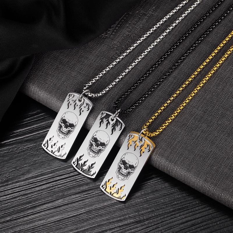 Dây chuyền titan mặt thẻ bài kép hình đầu lâu lửa khắc rỗng không gỉ