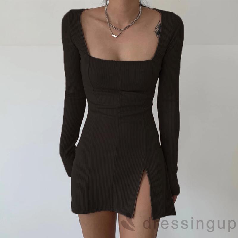 DRESSINGUP-Đầm tay dài cổ vuông màu trơn đơn giản dành cho nữ