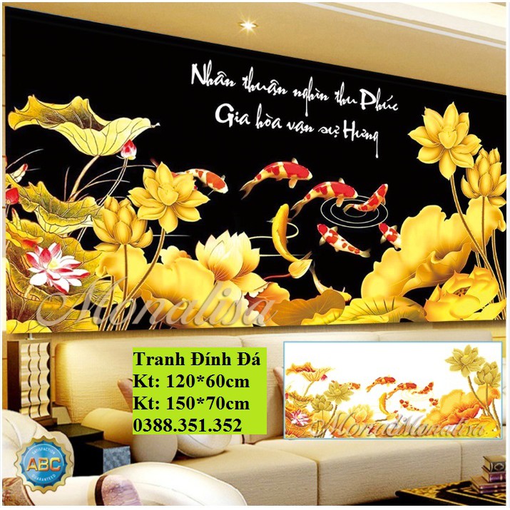 Tranh đính đá cá chép gia hòa vạn sự hưng 150x70cm