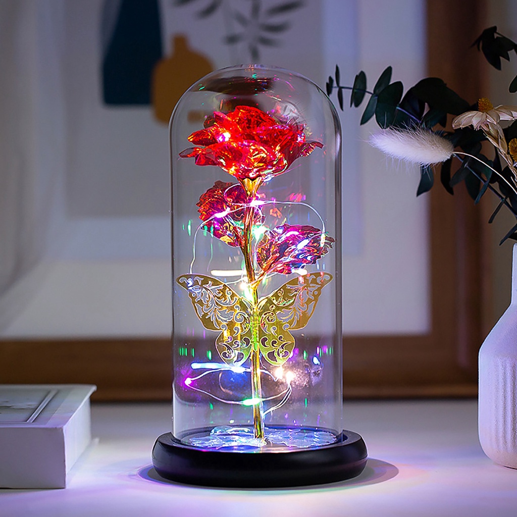 Rose in Glass Dome LED Light Simulated Flower Wedding Birthday Xmas