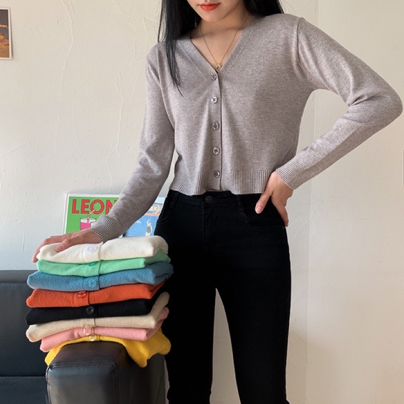 Áo khoác Cardigan Len đan mỏng Cổ tim Dài tay Màu trơn Ulzzang Hàn Quốc Áo Cardigan nữ Tay dài  Thời trang