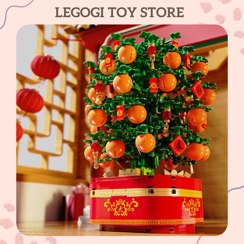 Đồ chơi lắp ráp Legogi HỘP NHẠC CÂY QUẤT  mô hình trưng bày trang trí phòng bàn làm việc Tết Năm mới