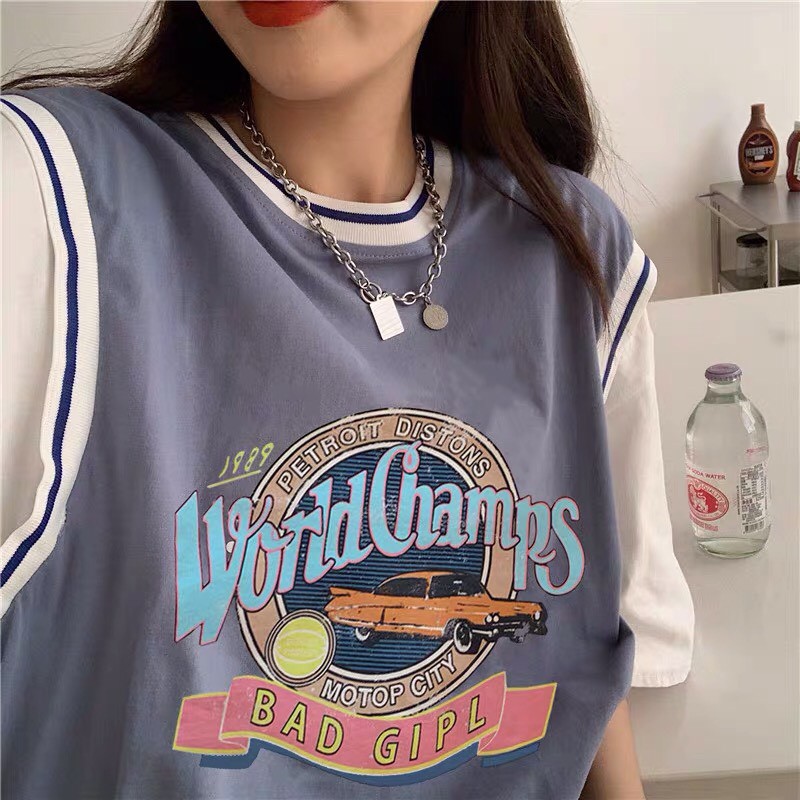 Áo thun form thụng tay lỡ phong cách ulzzang phối màu in chữ WORLD CHAMPS