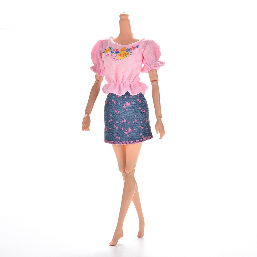 [IN*VN]2 Pcs/Set Pink T Shirt and Blue Denim Skirt for Barbies Princess Dolls