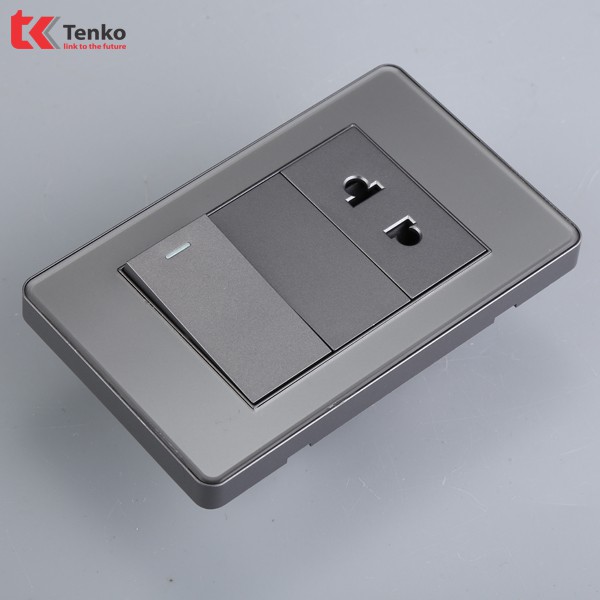 Công Tắc-Ổ Cắm 2 Chấu Âm Tường Mặt PVC Trong Bo Viền Xám - Chống Xước Chống Bạc Màu TENKO TK-C9-G023