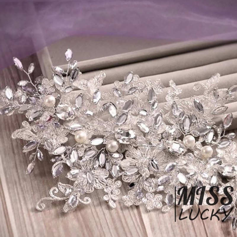 Cài tóc cô dâu dạng dây ruy băng đính ngọc trai thời trang