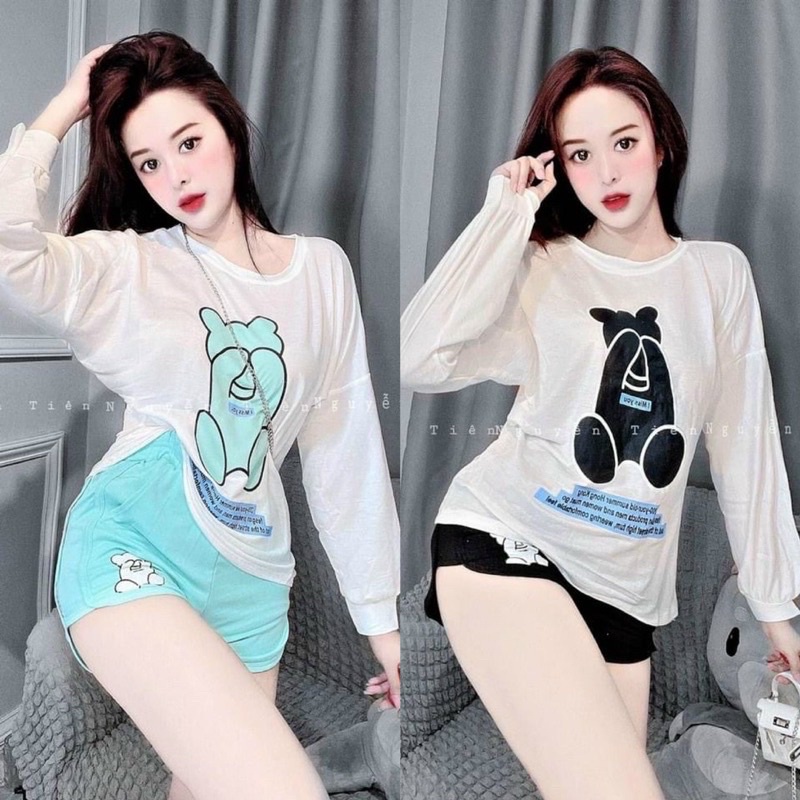 Sét đồ bộ nữ áo tay dài gấu quần thun