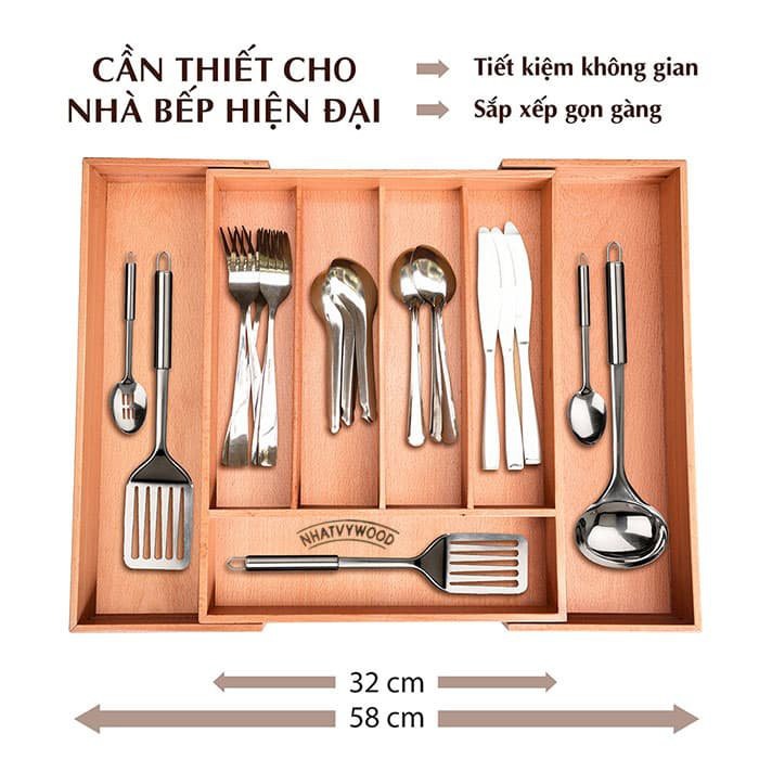 Khay đựng muỗng đũa thìa kéo giãn cao cấp Nhatvywood NV5303 khay chia ngăn kéo nhà bếp bằng gỗ