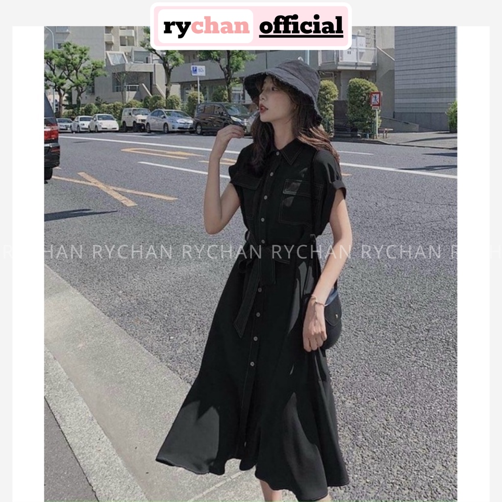 Đầm Công Sở Cổ Sơ Mi Túi Hộp Tay Ngắn Nút Trắng Thắt Eo Đuôi Cá Phối Viền Màu Đỏ Xanh Đen - DX9841